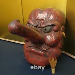 Japanese Lacquer Hand-Carved Tengu Mask 19.6inch Wall Hanging Folk Art Meiji Era