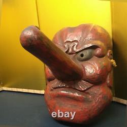 Japanese Lacquer Hand-Carved Tengu Mask 19.6inch Wall Hanging Folk Art Meiji Era
