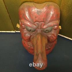 Japanese Lacquer Hand-Carved Tengu Mask 19.6inch Wall Hanging Folk Art Meiji Era