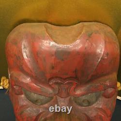 Japanese Lacquer Hand-Carved Tengu Mask 19.6inch Wall Hanging Folk Art Meiji Era