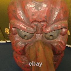 Japanese Lacquer Hand-Carved Tengu Mask 19.6inch Wall Hanging Folk Art Meiji Era