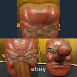 Japanese Lacquer Hand-Carved Tengu Mask 19.6inch Wall Hanging Folk Art Meiji Era