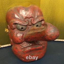 Japanese Lacquer Hand-Carved Tengu Mask 19.6inch Wall Hanging Folk Art Meiji Era