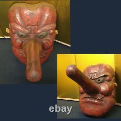 Japanese Lacquer Hand-Carved Tengu Mask 19.6inch Wall Hanging Folk Art Meiji Era