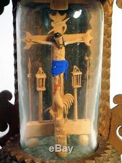 Jesus on the Cross Folk Art, Whimsy, Whimsey in a Bottle with Chip Carved Stand