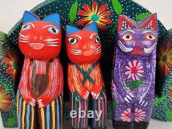 Joaquin Hernandez Vazquez Wood Carving Family of Cats Folk Art Mexico Handcraft