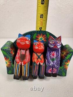 Joaquin Hernandez Vazquez Wood Carving Family of Cats Folk Art Mexico Handcraft