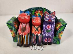 Joaquin Hernandez Vazquez Wood Carving Family of Cats Folk Art Mexico Handcraft