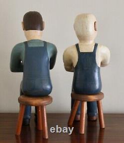 John Cisney Checker Players Folk Art Painted Carved Wood Sculpture 20H Signed