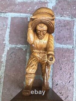 Jose Pinal Mexican Wood Carved Weary Peasant Farmer Folk Art Sculpture 1930-1940