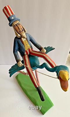 Ken Lessnau Uncle Sam Blue Goose Hand Carved Folk Art Figure 2001 Signed