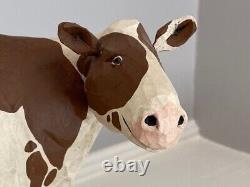 Koosed Wood Carved Folk Art HAPPY COW 7 3/4 x 12 inches -Signed 2005 USED