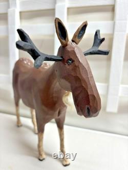 Koosed Wood Carved Folk Art SMILING MOOSE 7 1/2 tall x 8 long Signed