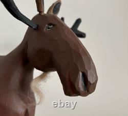 Koosed Wood Carved Folk Art SMILING MOOSE 7 1/2 tall x 8 long Signed