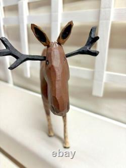 Koosed Wood Carved Folk Art SMILING MOOSE 7 1/2 tall x 8 long Signed