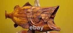 LARGEMOUTH BASS Hand Carved Wooden Folk Art River Fish on Drift Wood Mount