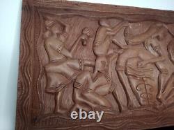 LARGE VINTAGE FOLK ART HAITIAN CARVED WOOD PANEL 13h x 24Length Handmade Vtg