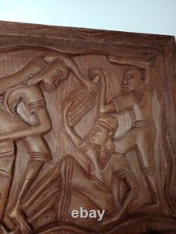 LARGE VINTAGE FOLK ART HAITIAN CARVED WOOD PANEL 13h x 24Length Handmade Vtg