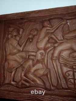 LARGE VINTAGE FOLK ART HAITIAN CARVED WOOD PANEL 13h x 24Length Handmade Vtg