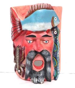 LARGE Vintage Wooden Hand Carved Barbones Mask Mexican, Guerrero Folk Art Snake
