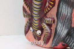 LARGE Vintage Wooden Hand Carved Barbones Mask Mexican, Guerrero Folk Art Snake