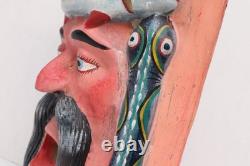 LARGE Vintage Wooden Hand Carved Barbones Mask Mexican, Guerrero Folk Art Snake