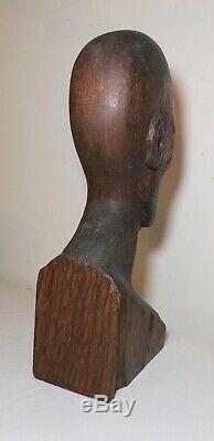 LARGE antique hand carved Folk Art wood man head face bust sculpture statue