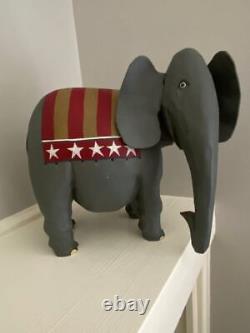 LARRY KOOSED FOLK ART REPUBLICAN ELEPHANT WOOD CARVING Signed & Dated 2002