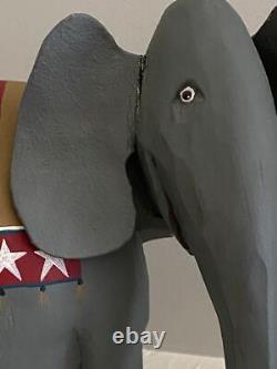 LARRY KOOSED FOLK ART REPUBLICAN ELEPHANT WOOD CARVING Signed & Dated 2002