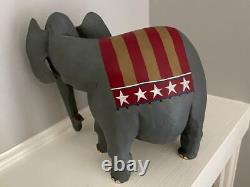 LARRY KOOSED FOLK ART REPUBLICAN ELEPHANT WOOD CARVING Signed & Dated 2002