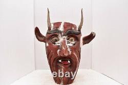 LG MEXICAN GUERRERO FOLK ART ANTIQUE Diablo Devil W horns CARVED WOOD DANCE MASK