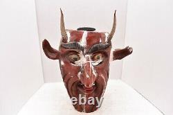 LG MEXICAN GUERRERO FOLK ART ANTIQUE Diablo Devil W horns CARVED WOOD DANCE MASK