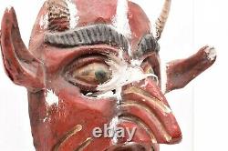 LG MEXICAN GUERRERO FOLK ART ANTIQUE Diablo Devil W horns CARVED WOOD DANCE MASK