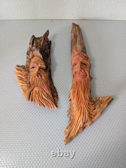 L. Holloway Hand-Carved Wood Spirit Faces Folk Art Sculptures Signed Set of 2