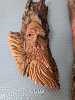 L. Holloway Hand-Carved Wood Spirit Faces Folk Art Sculptures Signed Set of 2