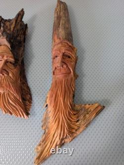 L. Holloway Hand-Carved Wood Spirit Faces Folk Art Sculptures Signed Set of 2