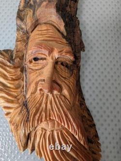 L. Holloway Hand-Carved Wood Spirit Faces Folk Art Sculptures Signed Set of 2
