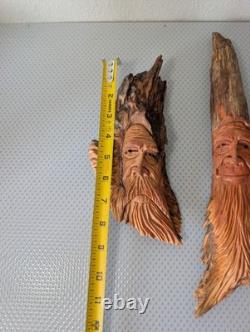 L. Holloway Hand-Carved Wood Spirit Faces Folk Art Sculptures Signed Set of 2