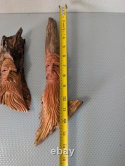 L. Holloway Hand-Carved Wood Spirit Faces Folk Art Sculptures Signed Set of 2