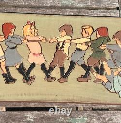 Large 19 VTG German Wood Relief Carving Children Tug Of War MCM Folk Art