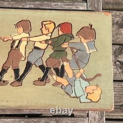 Large 19 VTG German Wood Relief Carving Children Tug Of War MCM Folk Art