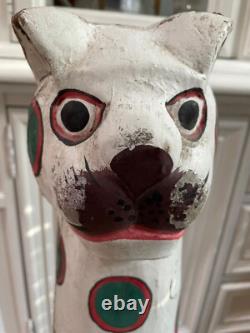Large 31 Vintage Folk Art Polychrome Hand Painted Wood Cat Statue (ca. 1960)