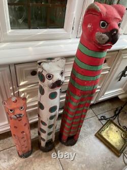 Large 31 Vintage Folk Art Polychrome Hand Painted Wood Cat Statue (ca. 1960)