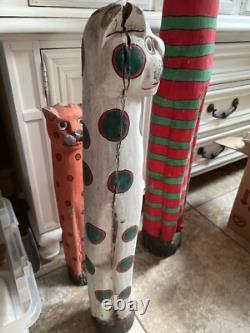Large 31 Vintage Folk Art Polychrome Hand Painted Wood Cat Statue (ca. 1960)
