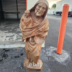 Large 3ft Hand-Carved Wooden Statue Mother & Child Folk Art Sculpture