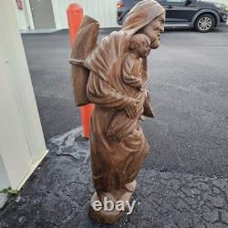 Large 3ft Hand-Carved Wooden Statue Mother & Child Folk Art Sculpture