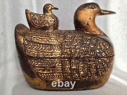 Large Antique Burmese Mandalay Folk Art Carved Wooden Gilded Duck Shape Box
