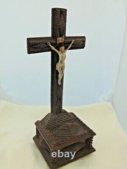 Large Antique French Tramp Art Crucifix Carved Wood Folk Art Jesus Cross