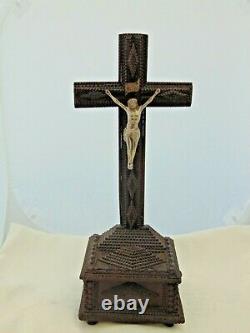 Large Antique French Tramp Art Crucifix Carved Wood Folk Art Jesus Cross