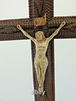 Large Antique French Tramp Art Crucifix Carved Wood Folk Art Jesus Cross